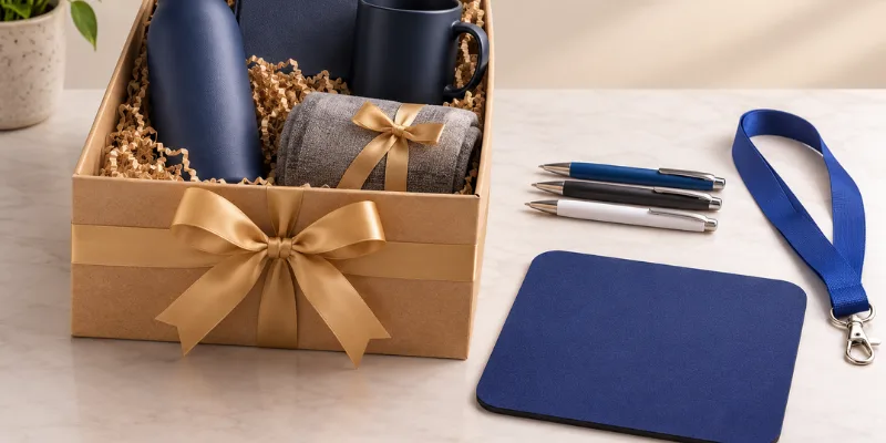 Unique corporate gift ideas featuring a premium kraft gift hamper with a bottle, notebook, mug and ribbon alongside pens, a lanyard and mouse pad for employee gifting and exhibition giveaways.