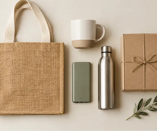 Flat-lay of unique corporate gift ideas featuring a jute tote bag, ceramic mug, power bank, stainless steel bottle, kraft gift box, and eco-friendly accessories on a neutral background.