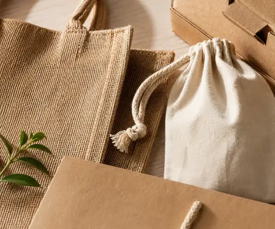Close-up of unique corporate gift ideas featuring a woven jute tote bag, cotton canvas pouch, and kraft paper packaging on a light wooden surface.