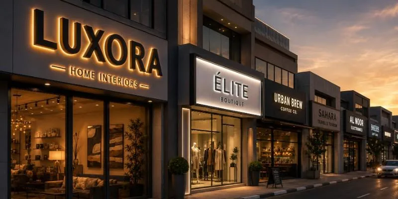 Wide cinematic view of a modern Dubai commercial street at dusk, featuring varied shopfront signage including illuminated 3D acrylic letters, a slim light box, and non-illuminated signboards.