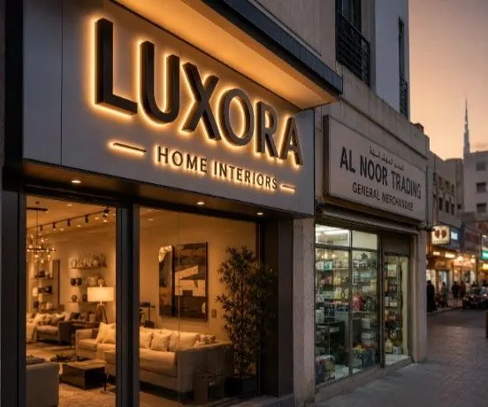 Modern Dubai shopfronts at dusk featuring a large illuminated 3D acrylic letter sign with warm LED backlighting beside a simple non-illuminated flat shop sign.