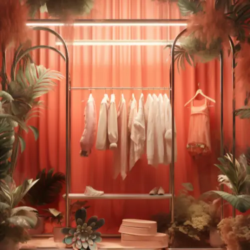Retail store branding with elegant clothing racks, coral backdrop, warm lighting, and botanical decor.
