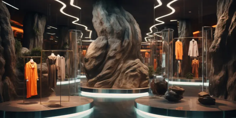 Retail store branding with luxury fashion displays, sculptural rock formations, glass showcases, and modern LED lighting.