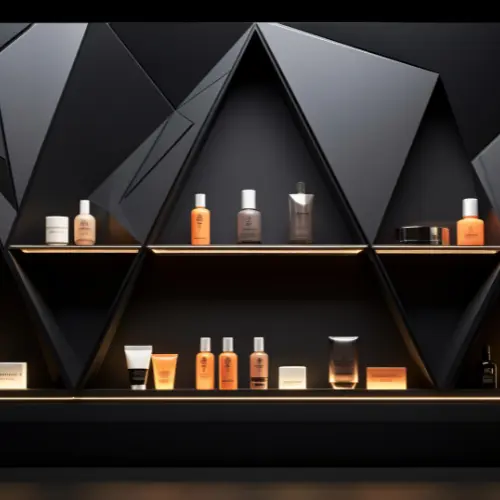 Retail store branding with black geometric shelves displaying premium skincare and beauty products.
