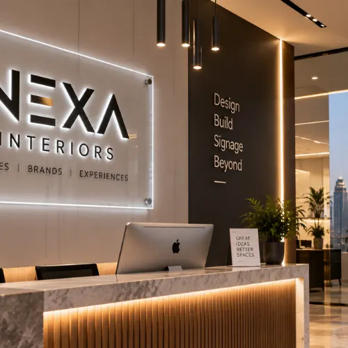 Custom acrylic products featuring an illuminated edge-lit acrylic sign in a modern Dubai office reception