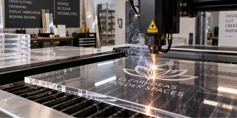 Custom acrylic products being laser engraved with a precise logo inside a fabrication workshop