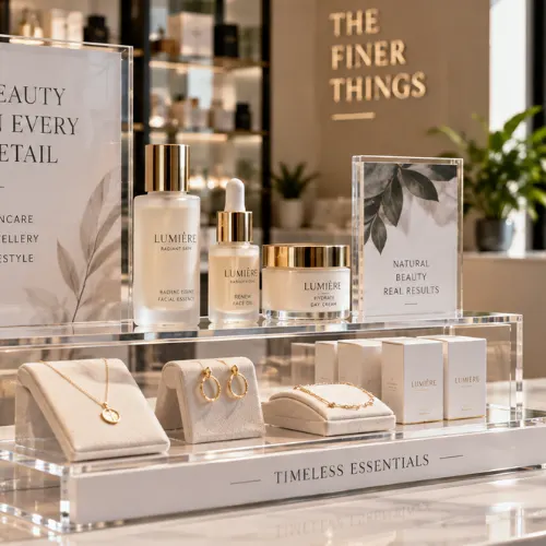 Custom acrylic products arranged as a clear countertop display for cosmetics and jewelry in a premium retail setting