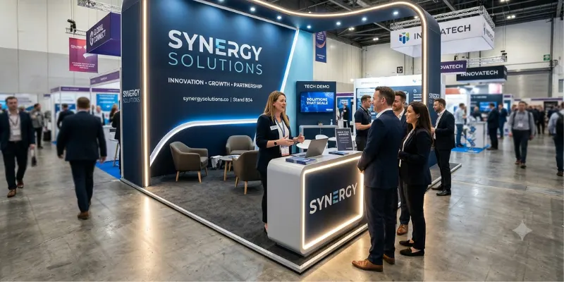 Modern custom exhibition stand with reception counter and visitors at a busy trade show Caption: Modern custom exhibition stand designed to attract visitors and create a professional brand presence at a trade show.
