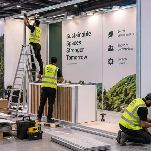 Exhibition stand company workers installing modular exhibition stand panels using tools and a spirit level at a trade show venue