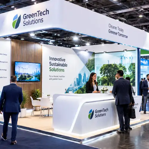 Modern trade show exhibition booth designed by an exhibition stand company with branded displays, reception counter, and visitors