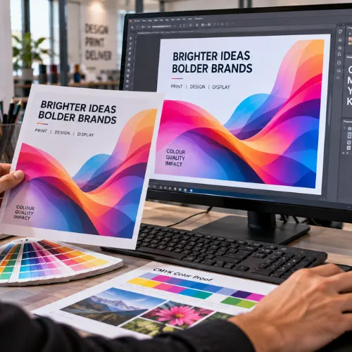 Printing services with a designer comparing a CMYK color proof on screen with a printed sample