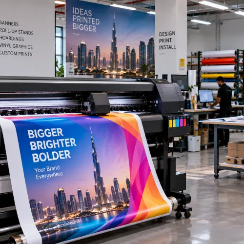 Printing services using a large-format printer to produce a colorful roll-up banner