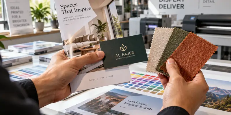 Printing services with printed brochures, business cards, and fabric swatches being compared for color and texture