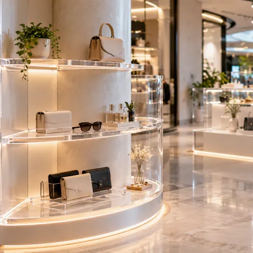Acrylic window display and vinyl branding among visual merchandising displays in a Dubai mall corridor
