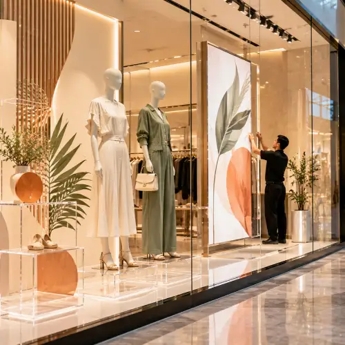 Custom acrylic unit among visual merchandising displays shaped to fit a curved corner and column in a Dubai store