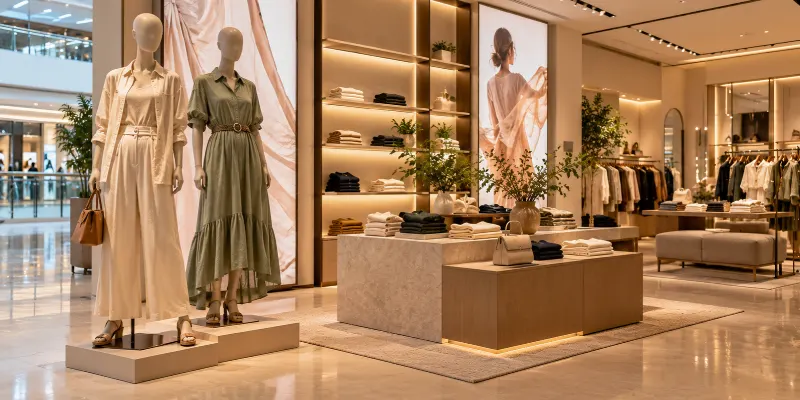 Visual merchandising displays with backlit fabric light boxes and mannequins inside a Dubai retail store