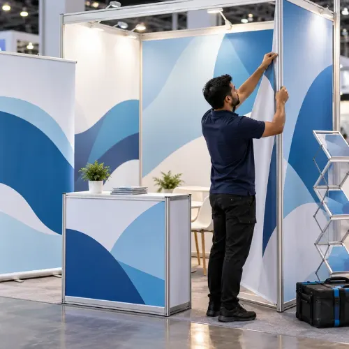 Technician fitting a graphic panel on a reusable modular frame, one of the exhibition stand ideas for small plots