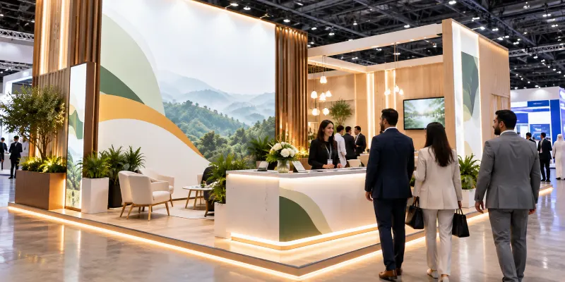 Modern trade show booth with backlit fabric graphics showing exhibition stand ideas for 2027